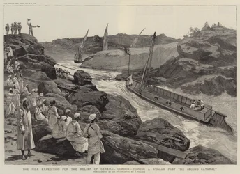 Die Nil-Expedition zur Rettung von General Gordon, ein Nuggar am zweiten Katarakt schleppend